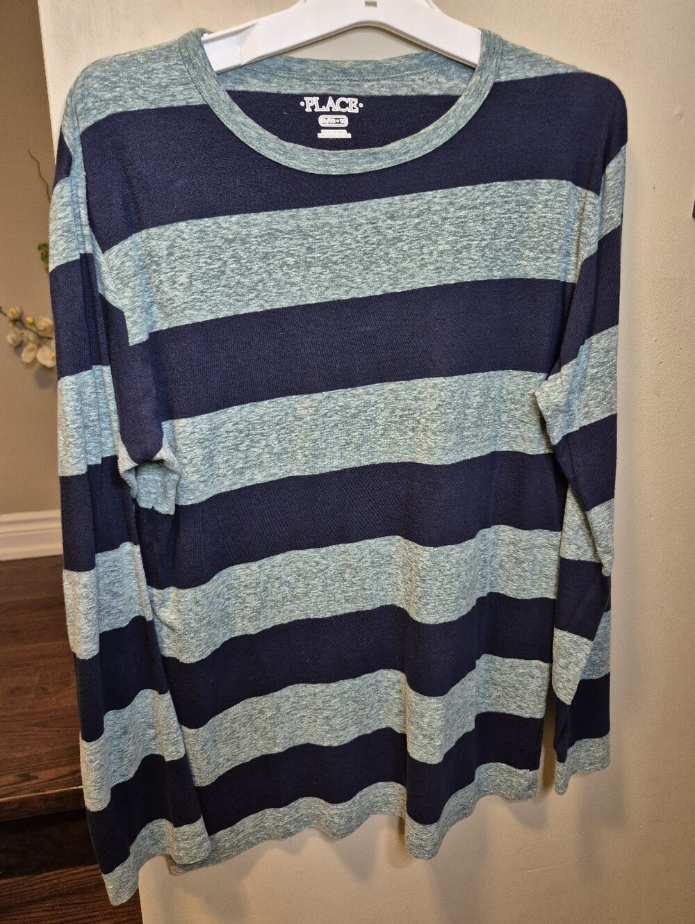 The Childrens Place Youth Long Sleeve Navy & Light Blue Striped Shirt
